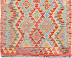 Handmade Afghan Maimana kilim runner featuring a vibrant geometric pattern in wool.
