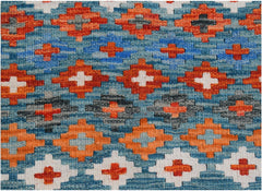 Handwoven Afghan Maimana kilim runner featuring a geometric pattern of orange, blue, and white.