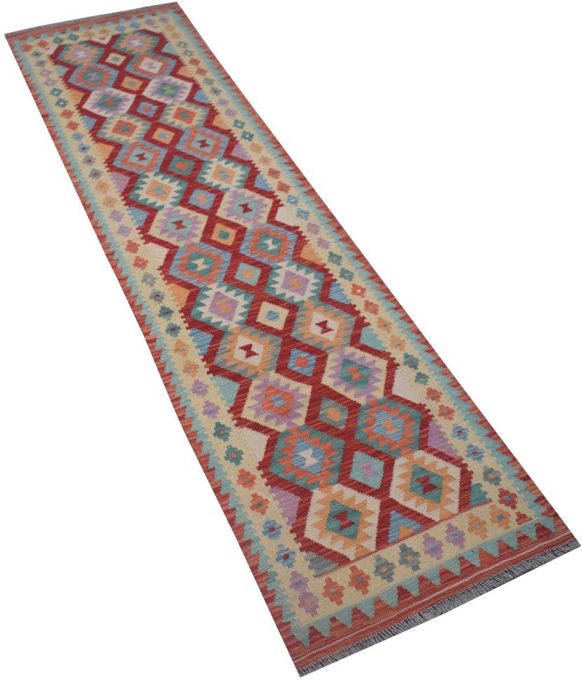 Handmade Afghan Maimana Kilim runner featuring a colorful geometric diamond pattern.