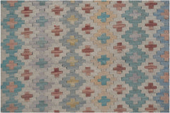 Handmade Afghan Maimana kilim runner featuring a repeating geometric cross pattern in muted tones.