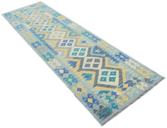 Handmade Afghan Maimana kilim runner featuring a geometric pattern in blue, yellow, and cream.