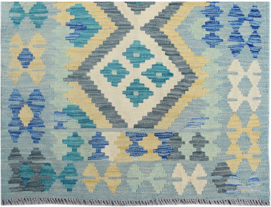 Handmade Afghan Maimana kilim runner featuring a geometric pattern in shades of blue and yellow.