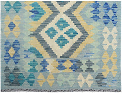 Handmade Afghan Maimana kilim runner featuring a geometric pattern in shades of blue and yellow.