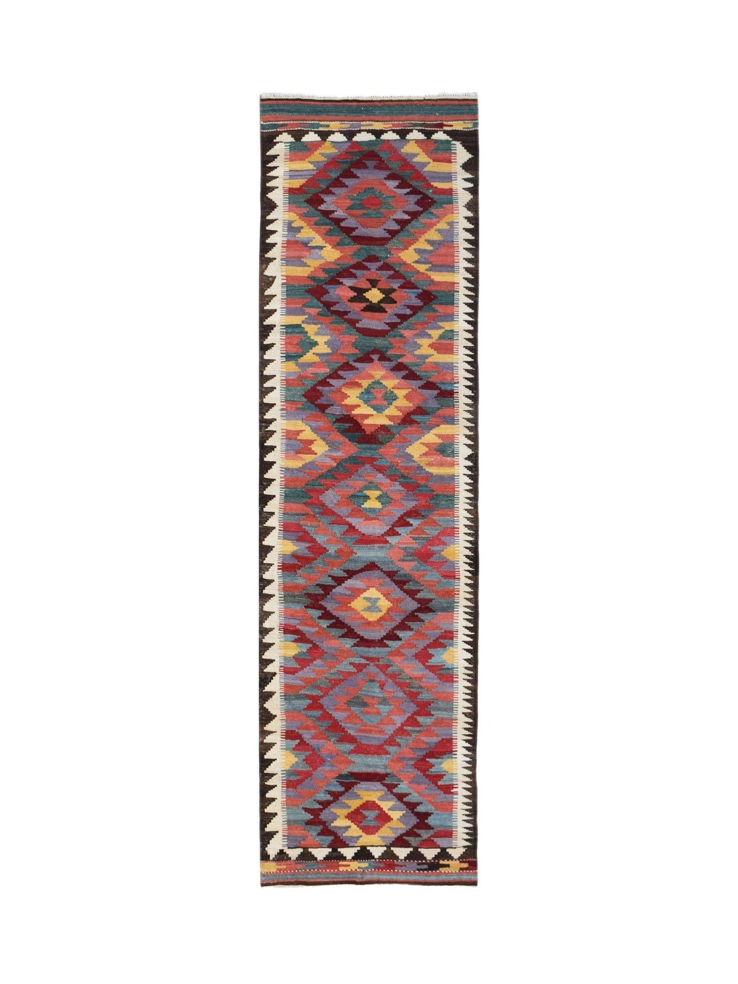 Handwoven Afghan Maimana wool runner rug featuring a colorful geometric diamond pattern.