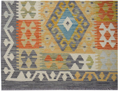 Handwoven Afghan Maimana kilim runner featuring a geometric pattern in orange, blue, and grey.