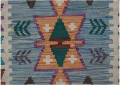 Handwoven Afghan Maimana kilim runner featuring a geometric pattern in blue, orange, and green.
