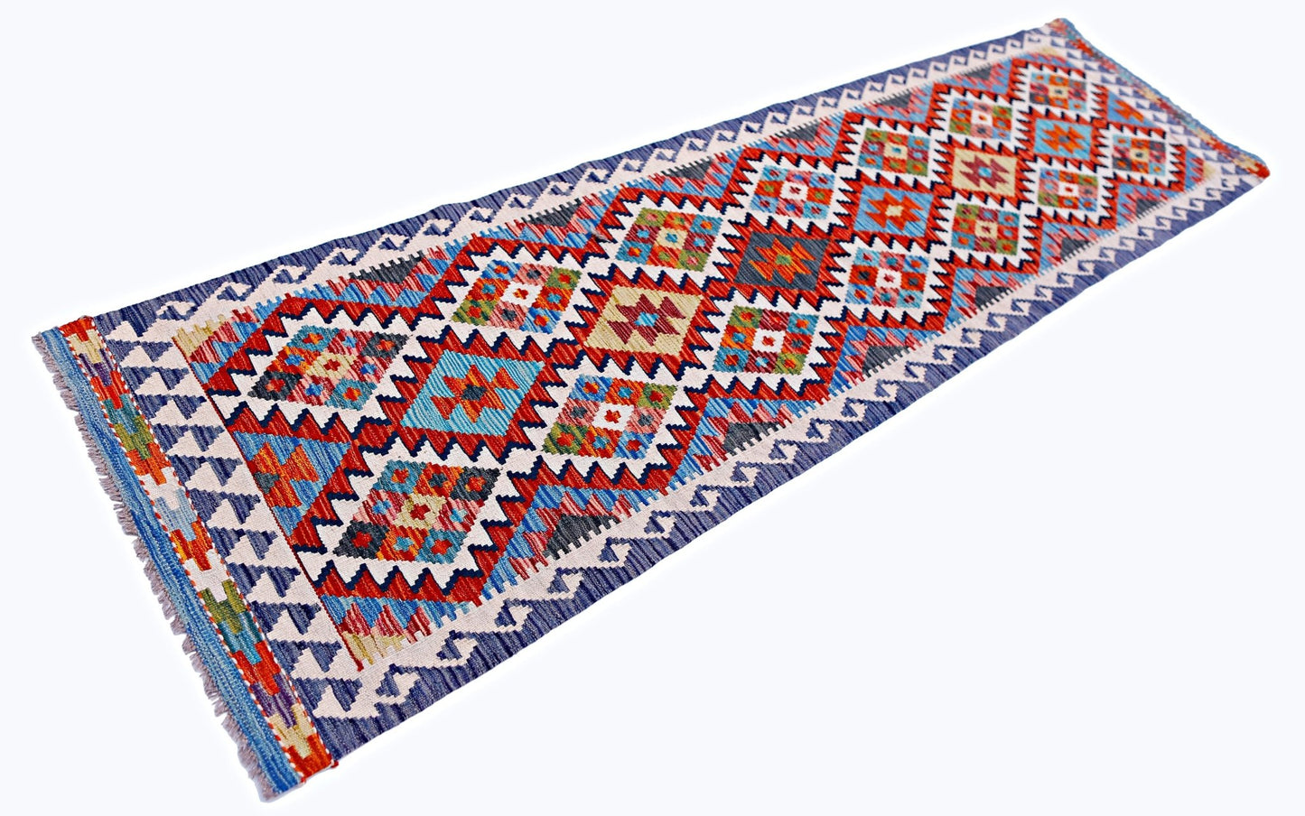 A handmade Afghan Maimana wool runner rug featuring a vibrant geometric diamond pattern.
