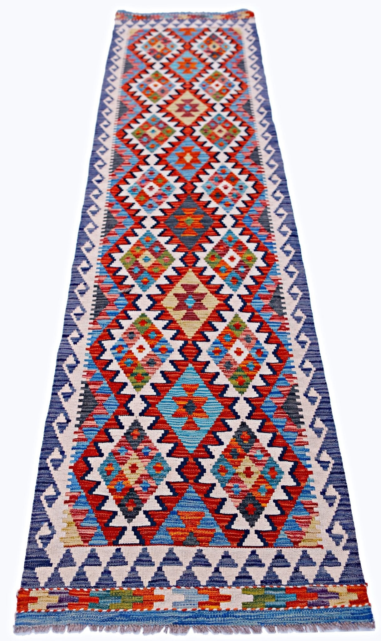 Handwoven Afghan Maimana wool runner featuring a vibrant, multicolored geometric diamond pattern.