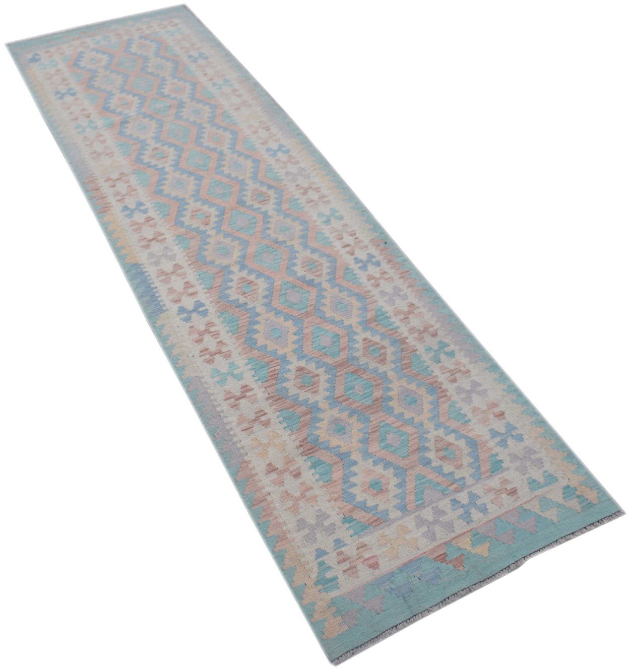 A handmade Afghan Maimana Kilim runner featuring a geometric diamond pattern in pastel tones.