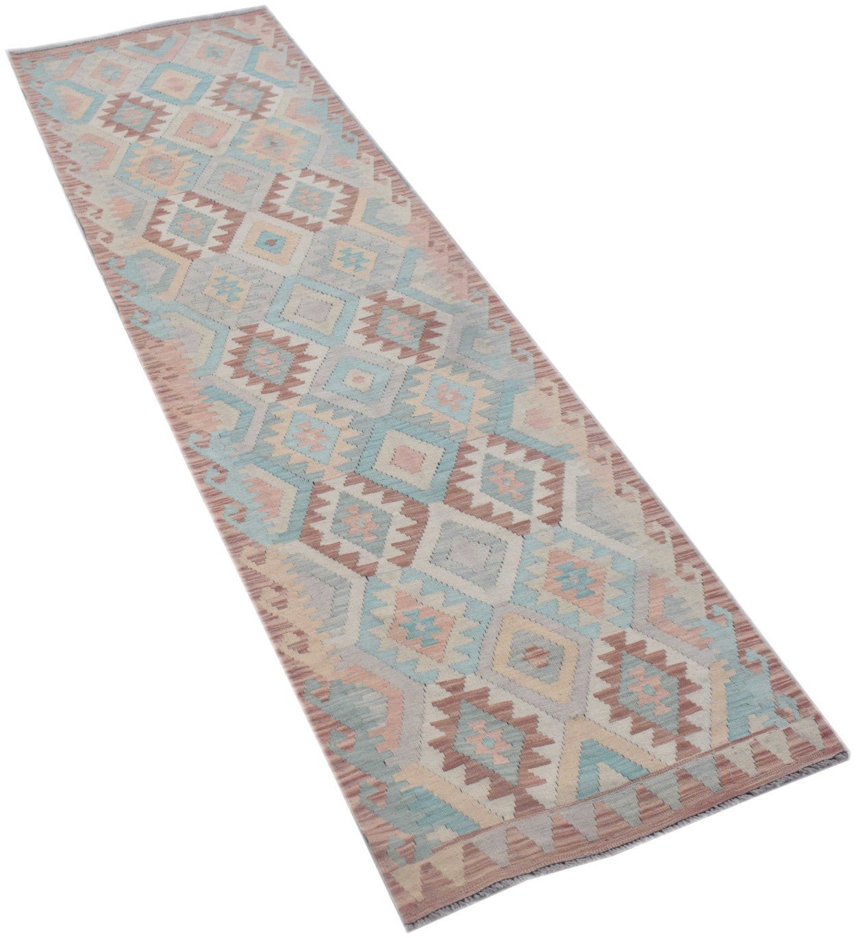 Handmade Afghan Maimana Kilim runner featuring a geometric pattern in soft pastel tones.