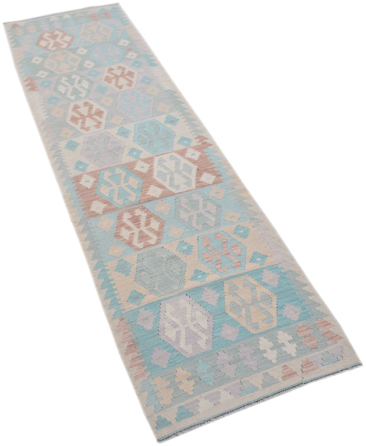 A handmade Afghan Maimana kilim runner featuring geometric patterns in soft blue and tan tones.