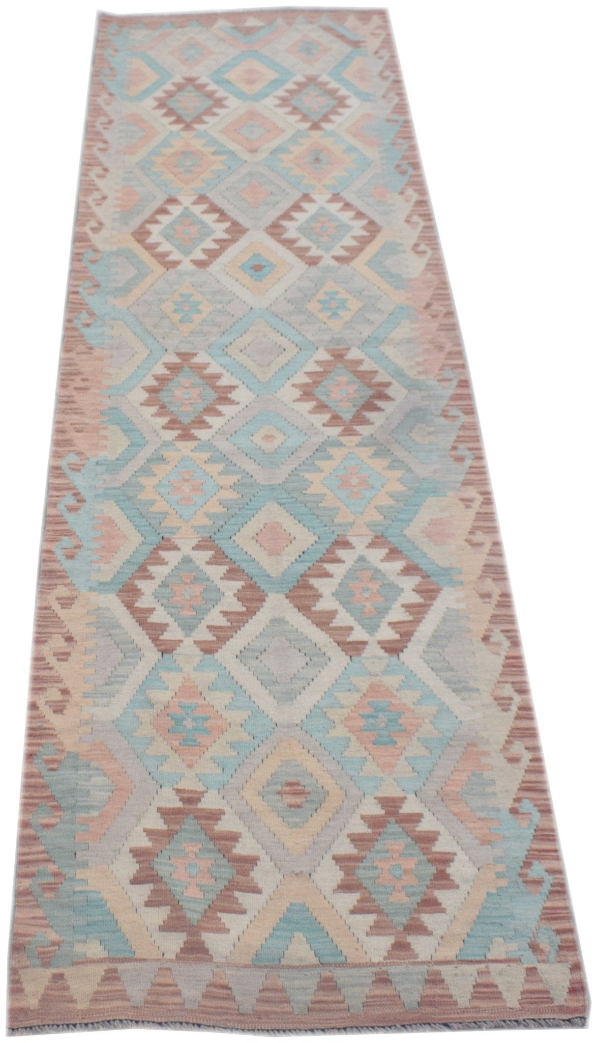 Handmade Afghan Maimana wool runner rug featuring a geometric diamond pattern in pastel tones.