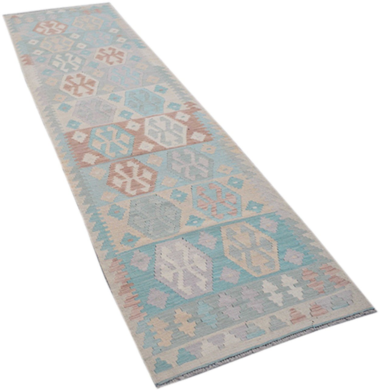 A handmade Afghan Maimana Kilim runner featuring a geometric pattern in soft blue, beige, and pink.