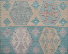 Handmade Afghan Maimana kilim runner featuring a geometric pattern in soft blue and neutral tones.