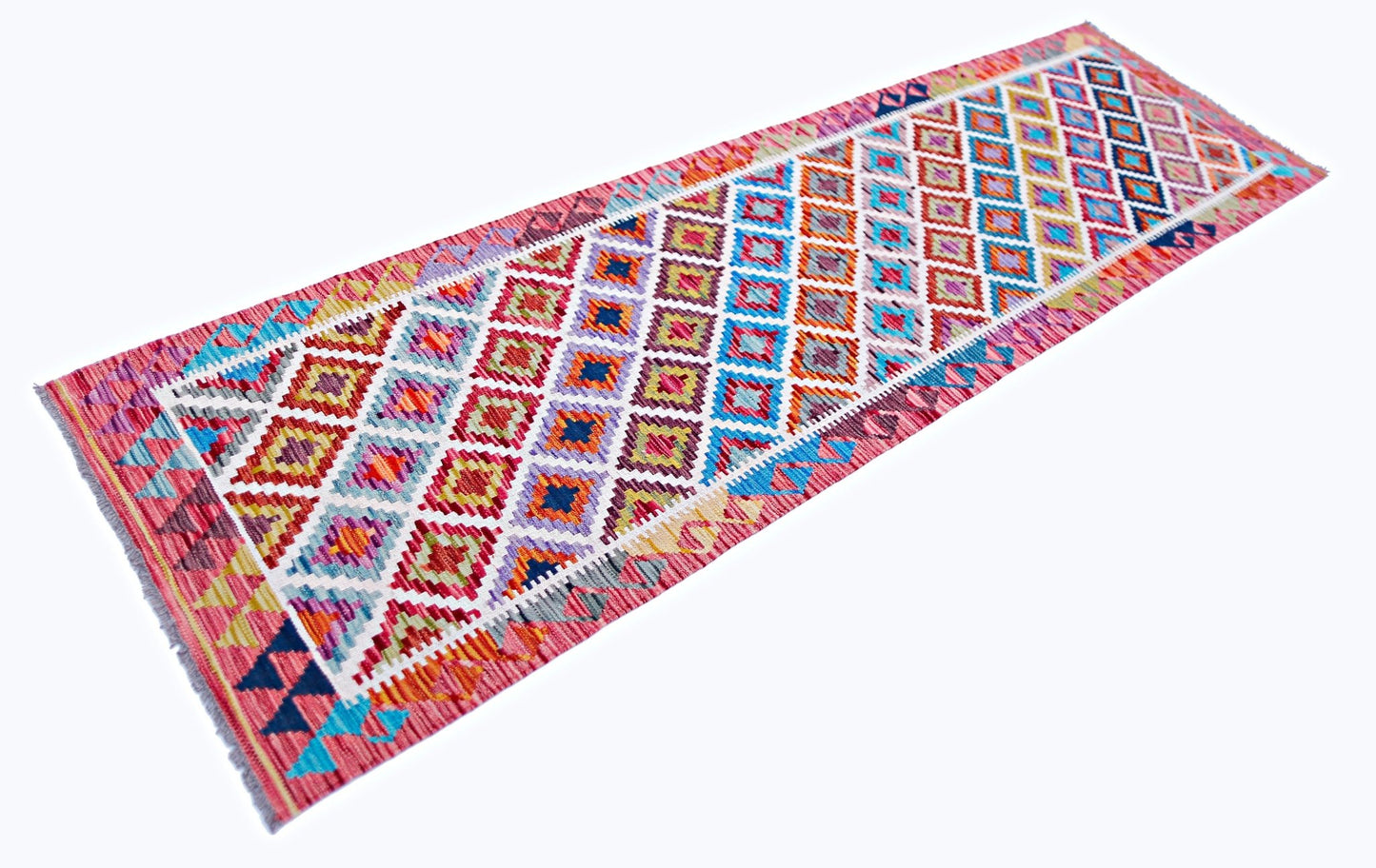 Handwoven Afghan Maimana wool runner featuring a vibrant geometric diamond pattern.