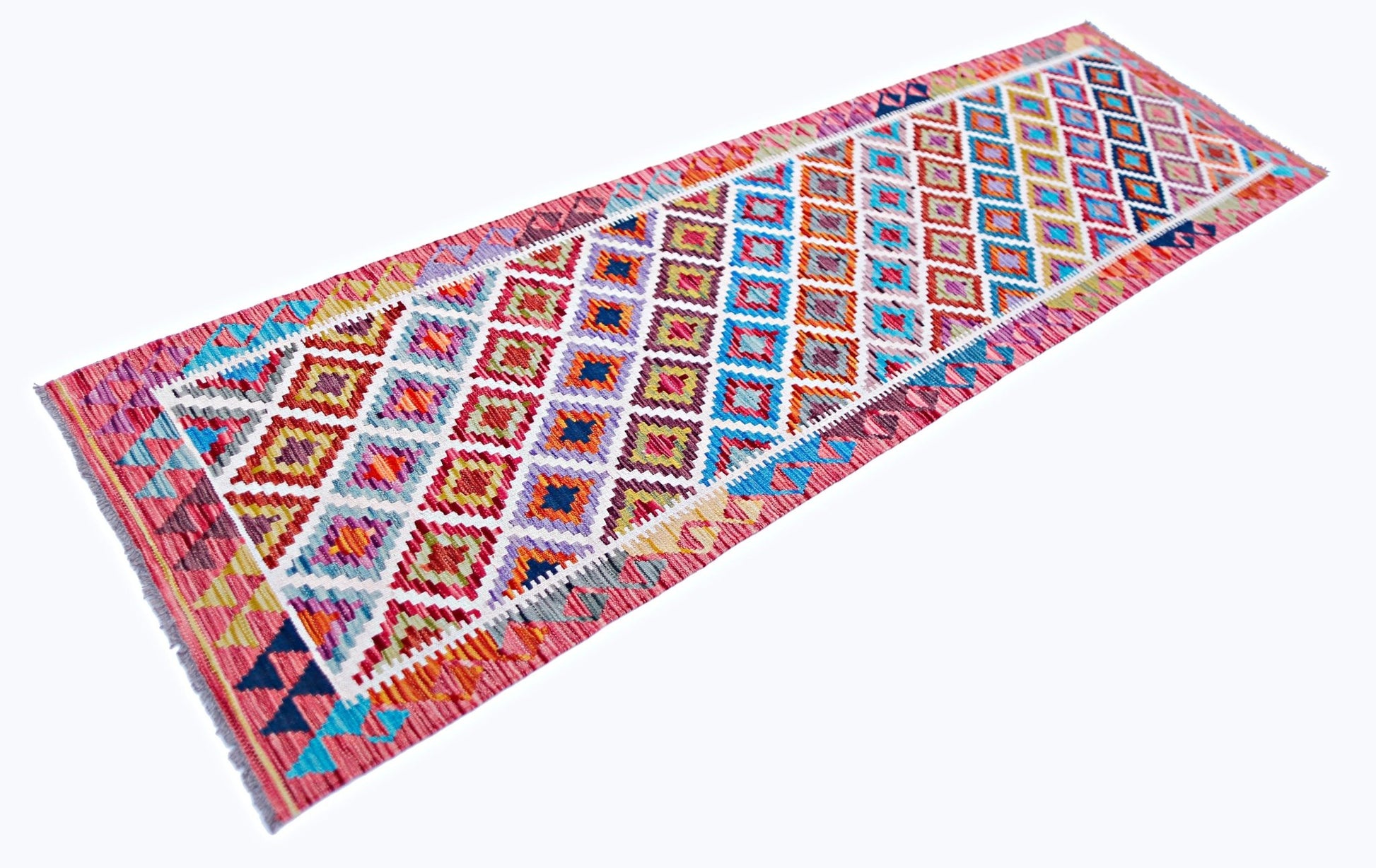 Handwoven Afghan Maimana wool runner featuring a vibrant geometric diamond pattern.