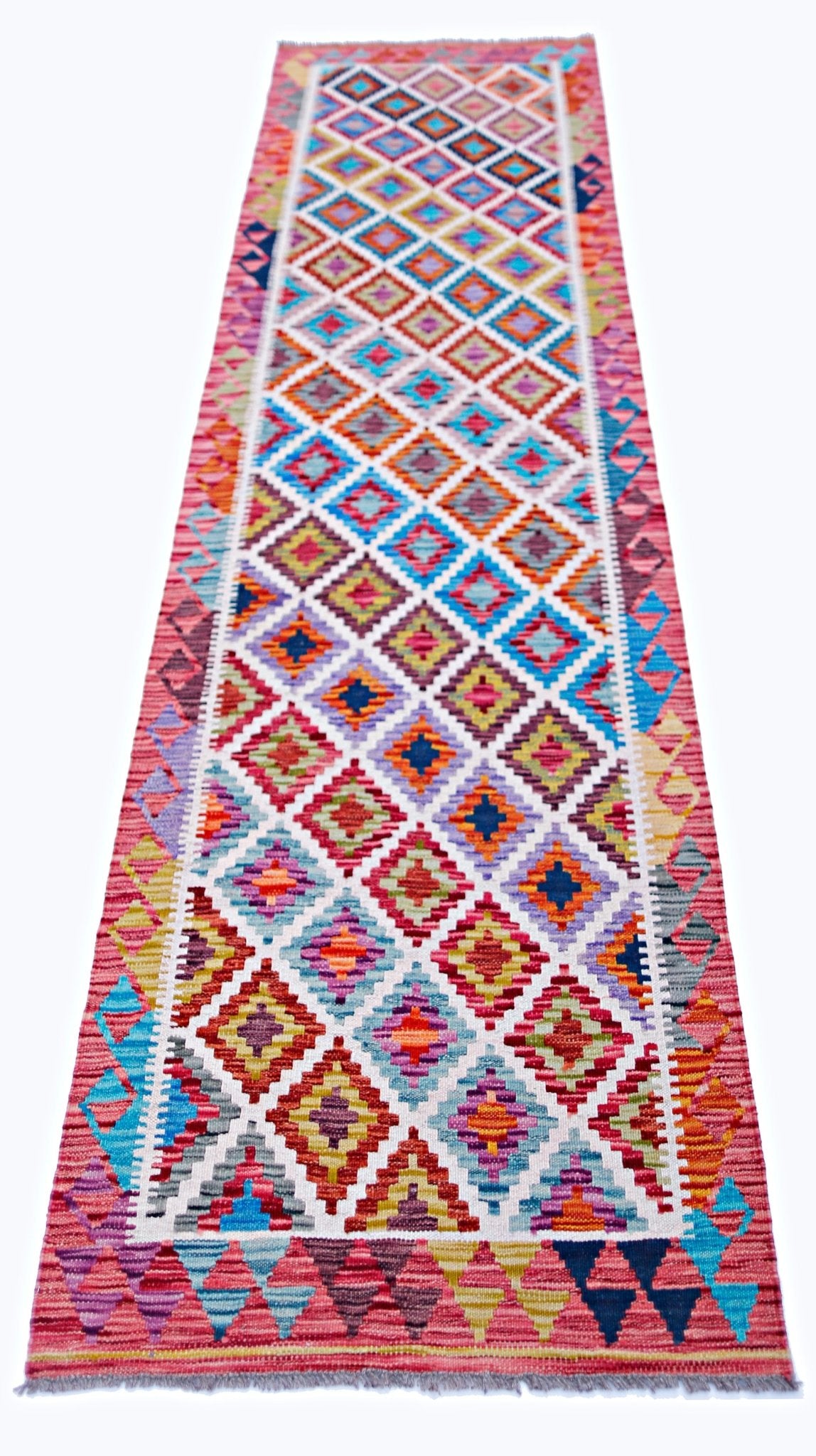 Handwoven Afghan Maimana wool runner featuring a vibrant, multi-colored geometric diamond pattern.