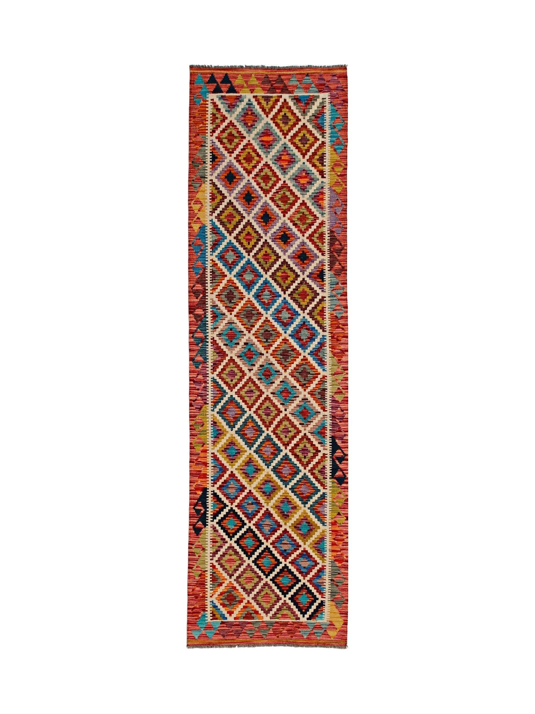 Handwoven Afghan Maimana wool runner featuring a vibrant, multi-colored geometric diamond pattern.