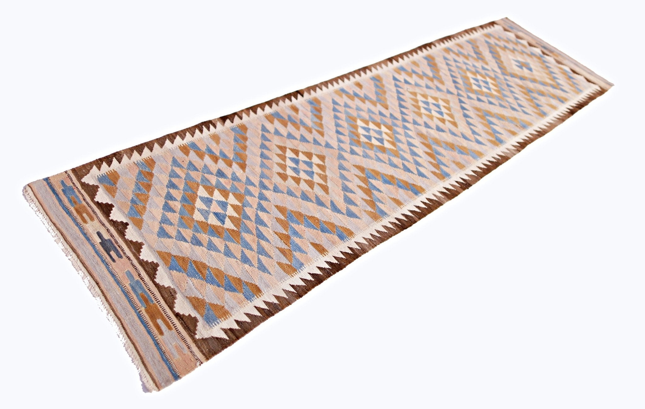 Handwoven Afghan Maimana wool runner rug featuring a geometric diamond pattern in blue and tan.