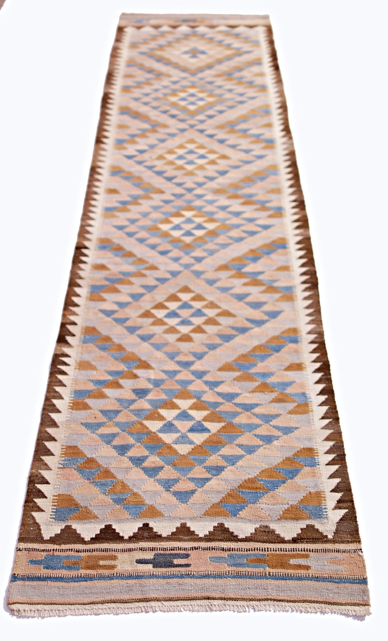 Handwoven Afghan Maimana wool runner featuring a geometric diamond pattern in blue and tan.
