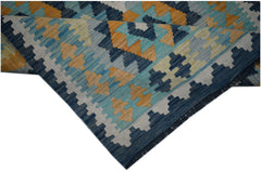 Handwoven Afghan Maimana wool kilim runner featuring a geometric pattern in blue and orange tones.