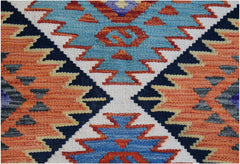 Handwoven Afghan Maimana kilim runner featuring a geometric pattern in blue, orange, and cream.