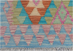 Handmade Afghan Maimana kilim runner featuring a colorful geometric pattern and fringed edges.