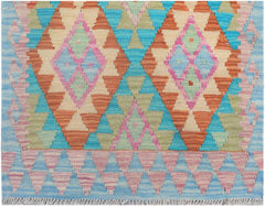 Handmade Afghan Maimana kilim runner featuring a colorful geometric diamond pattern in wool.
