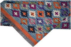 Handwoven Afghan Maimana kilim runner featuring a blue background with colorful geometric patterns.