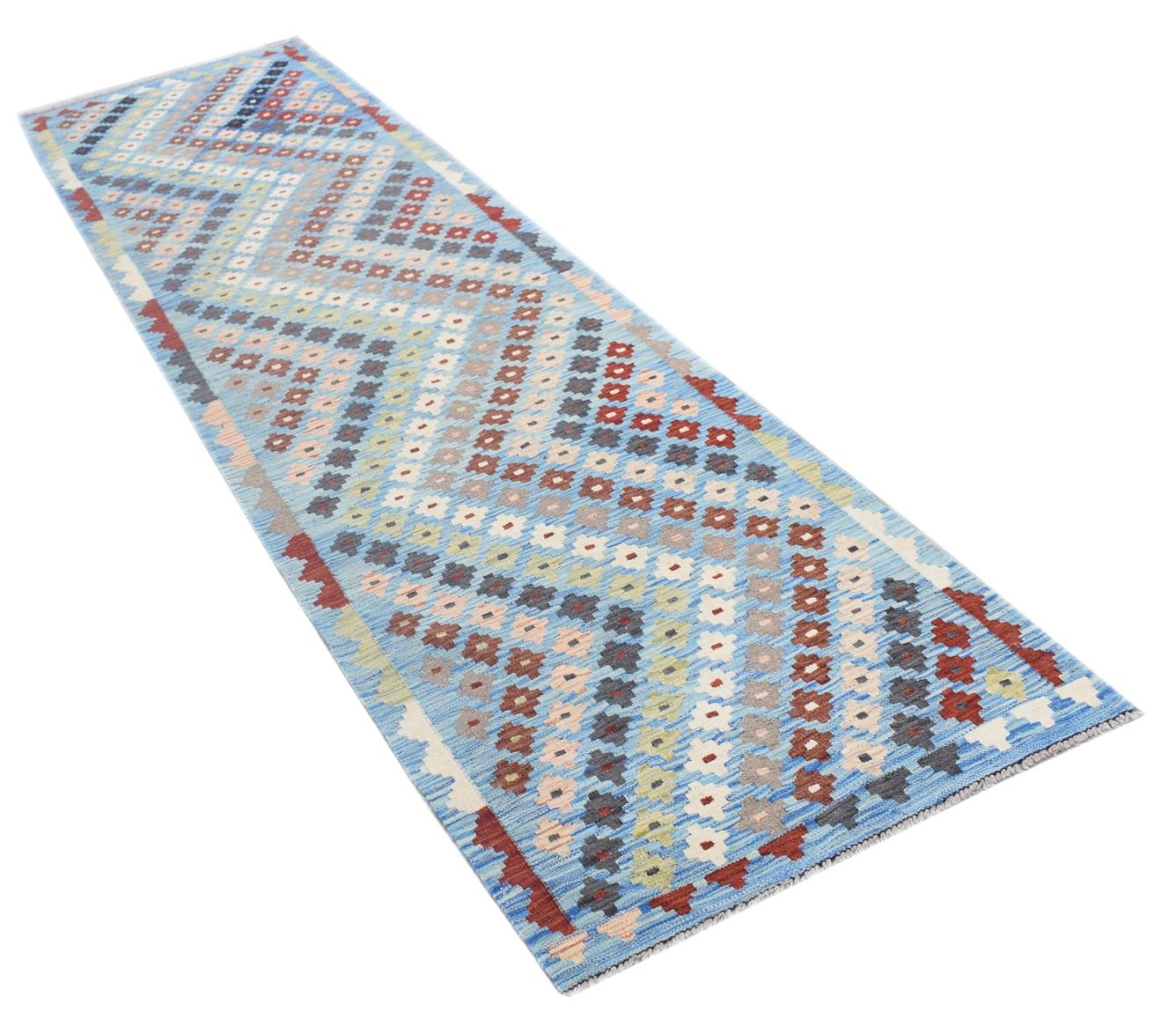 A handmade Afghan Maimana runner rug featuring a vibrant geometric pattern in blue and multi-colors.