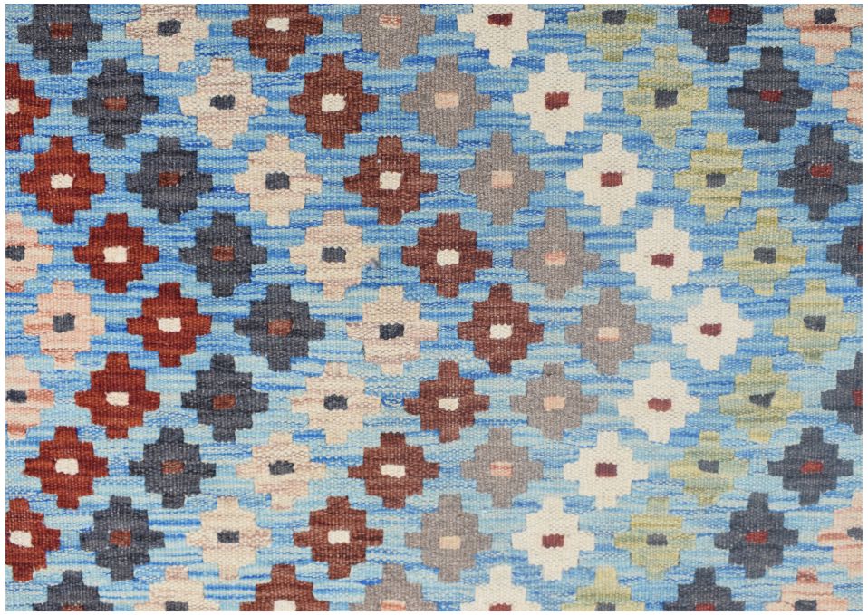 Handmade Afghan Maimana kilim runner featuring a repeating geometric pattern in blue and earth tones.