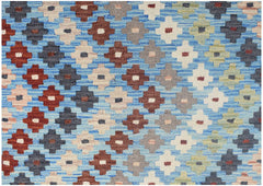 Handmade Afghan Maimana kilim runner featuring a repeating geometric pattern in blue and earth tones.