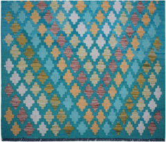 Handwoven Afghan Maimana kilim runner featuring a repeating geometric pattern in vibrant colors.