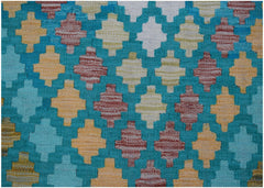 Handwoven Afghan Maimana kilim runner featuring a geometric pattern in teal, yellow, and red.