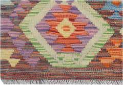Handmade Afghan Maimana kilim runner featuring a vibrant geometric diamond pattern in wool.
