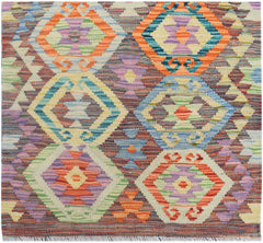 Handmade Afghan Maimana kilim runner featuring a colorful geometric diamond pattern.