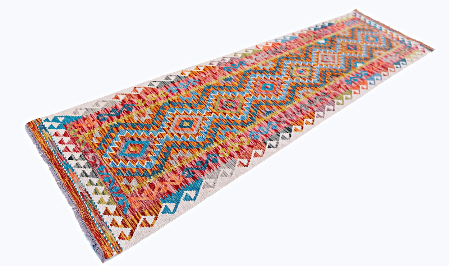 A handmade Afghan Maimana wool runner rug featuring a vibrant geometric pattern in multi-colored hues.