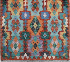 Handwoven Afghan Maimana wool runner featuring a vibrant geometric pattern in multi-colored tones.