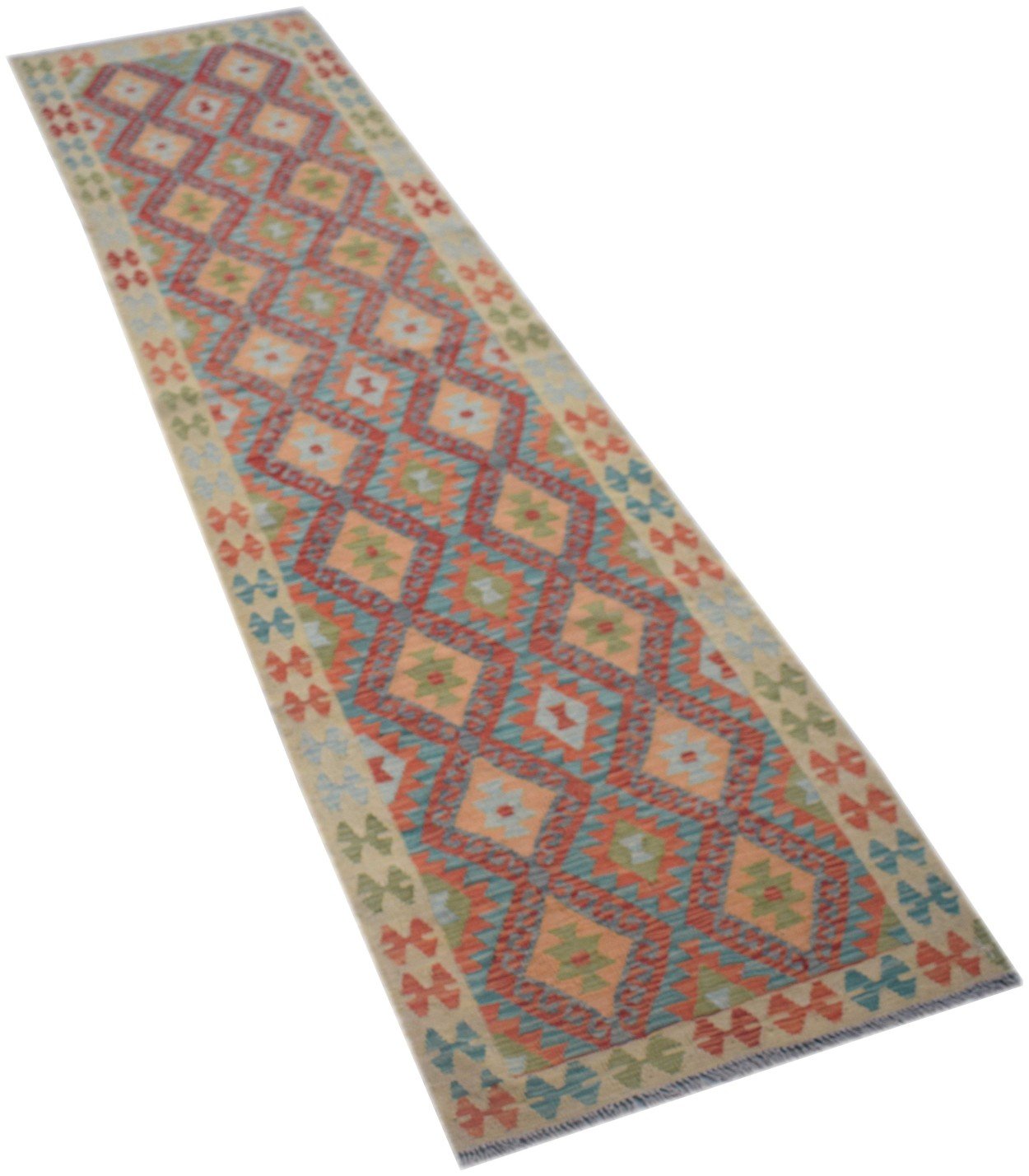 A handmade Afghan Maimana Kilim runner featuring a repeating geometric diamond pattern in wool.
