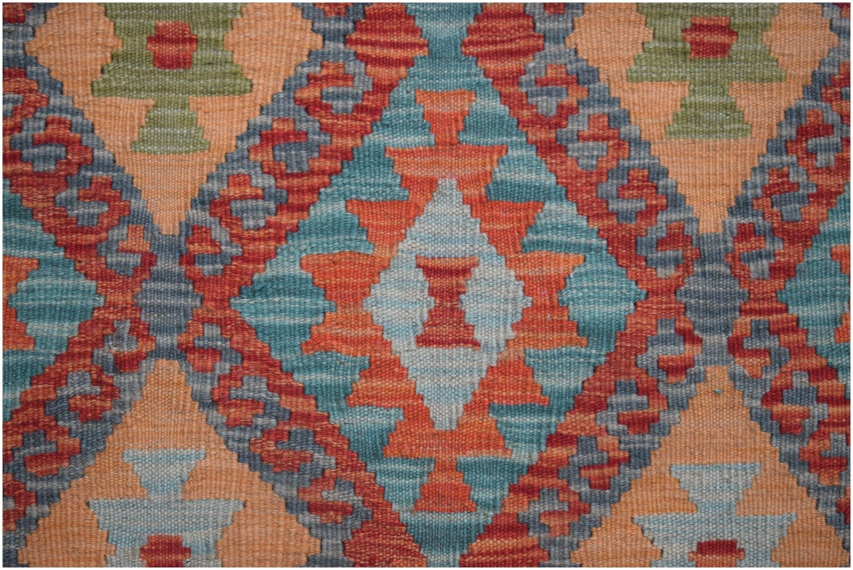 Afghan Maimana Kilim Runner with geometric patterns in orange, blue, and green.