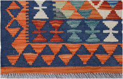 Handwoven Afghan Maimana kilim runner featuring geometric patterns in blue, orange, and white.
