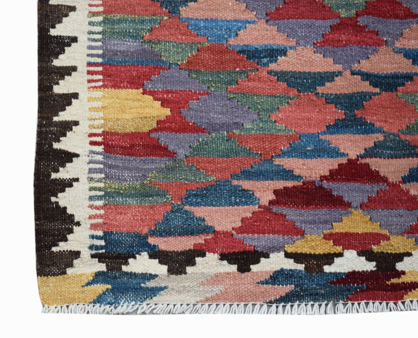Handwoven Afghan Maimana kilim runner featuring a colorful geometric diamond pattern.