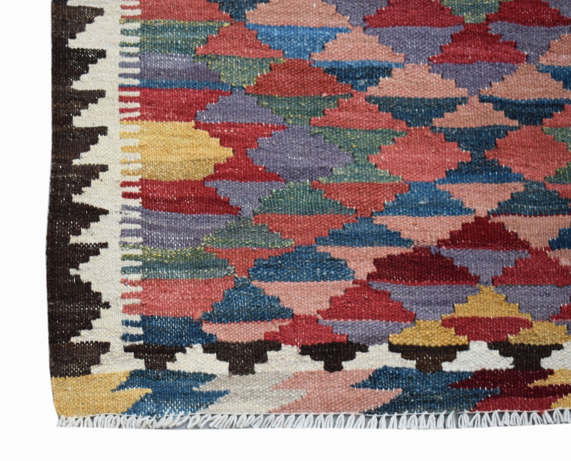 Handwoven Afghan Maimana kilim runner featuring a colorful geometric diamond pattern.