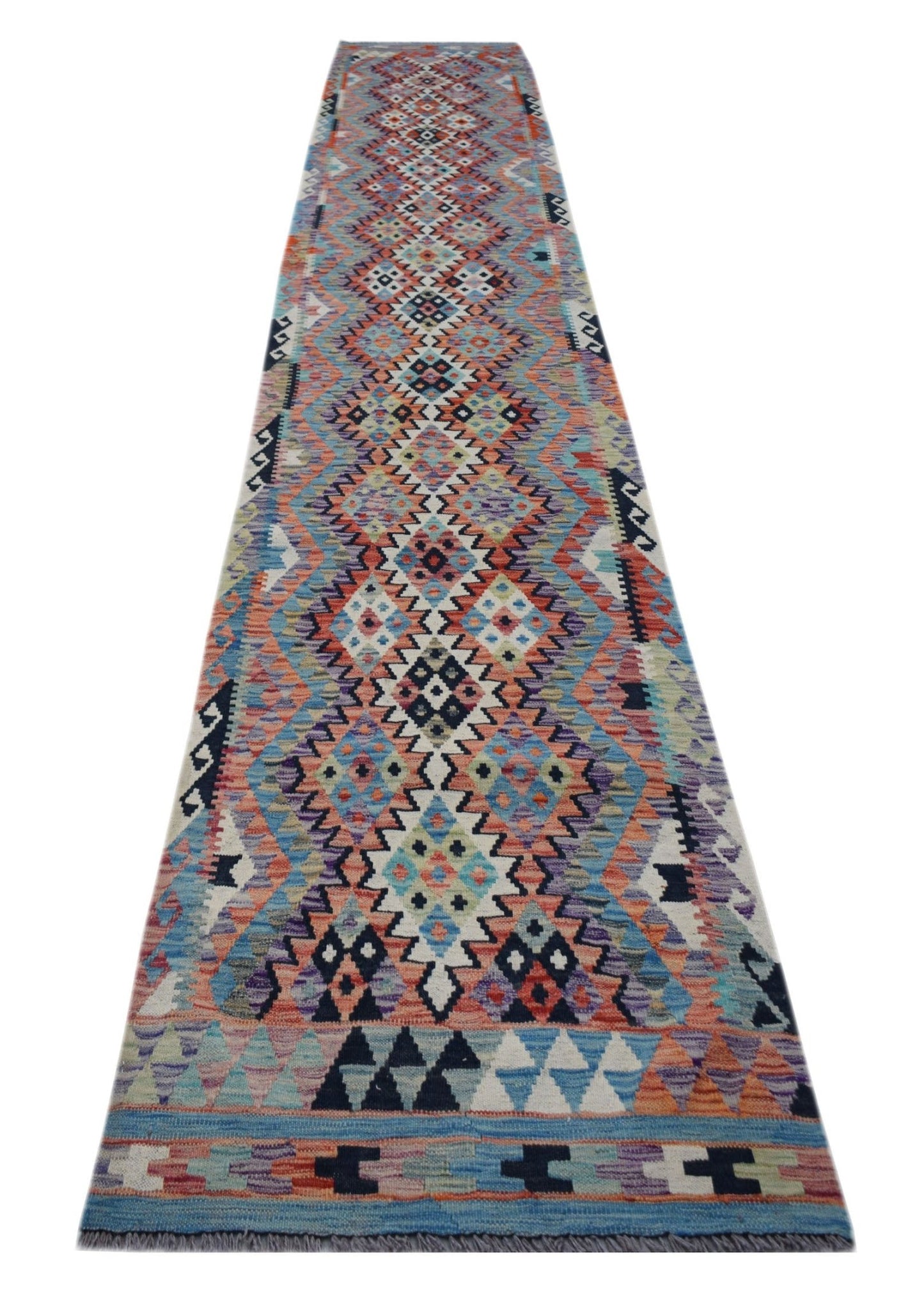 Handwoven Afghan Maimana wool runner rug featuring a colorful geometric diamond pattern.