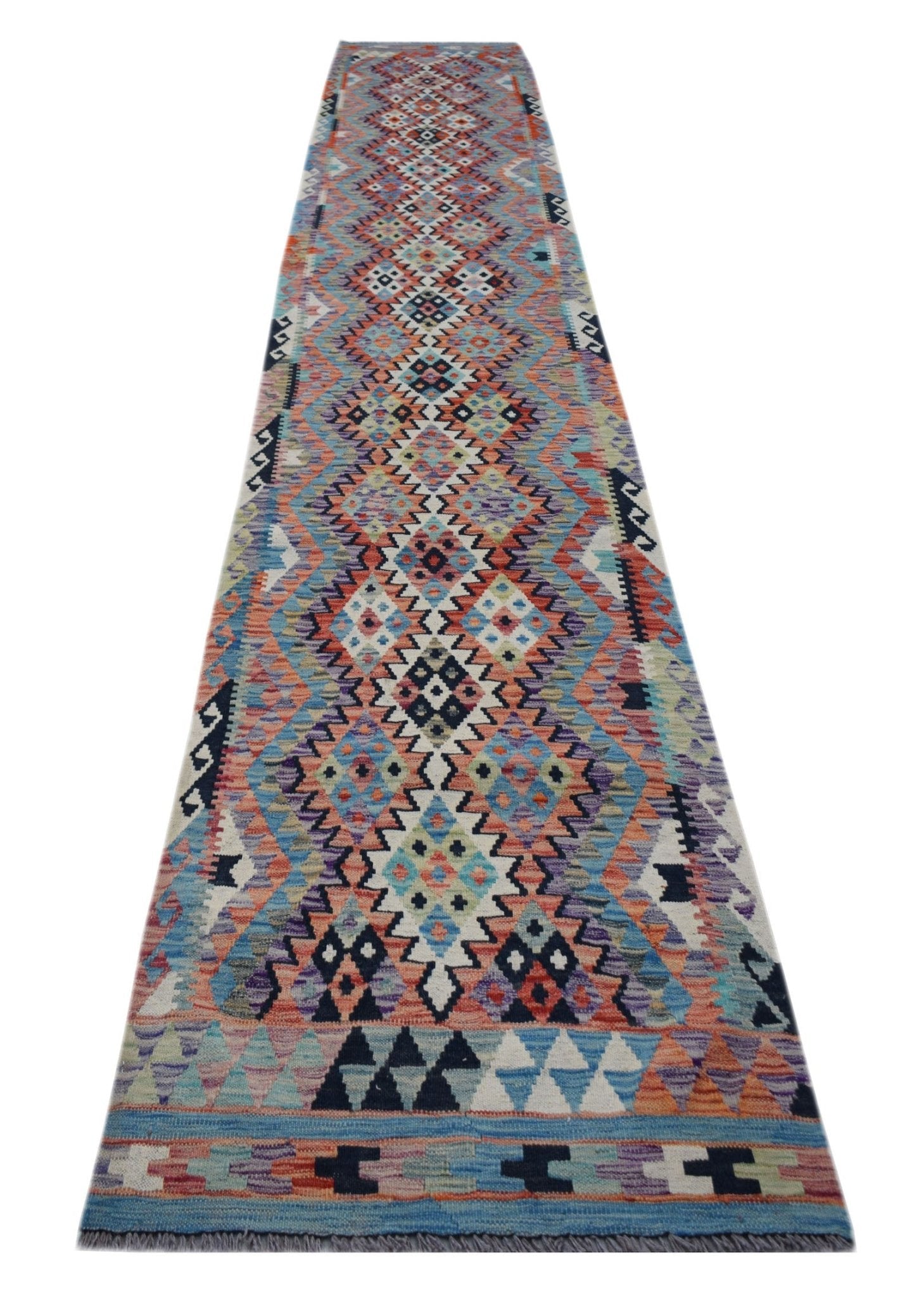 Handwoven Afghan Maimana wool runner rug featuring a colorful geometric diamond pattern.
