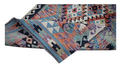 A handmade Afghan Maimana kilim runner featuring a colorful geometric pattern and flatweave texture.