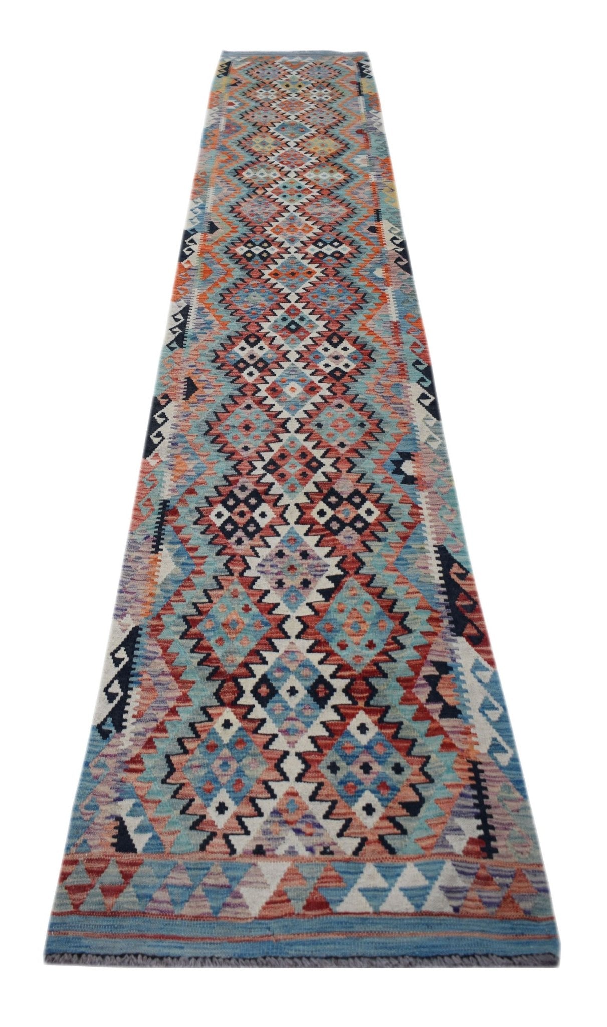 Handwoven Afghan Maimana wool runner rug featuring a colorful geometric diamond pattern.
