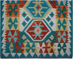 Handwoven Afghan Maimana kilim runner featuring a vibrant geometric pattern in wool.
