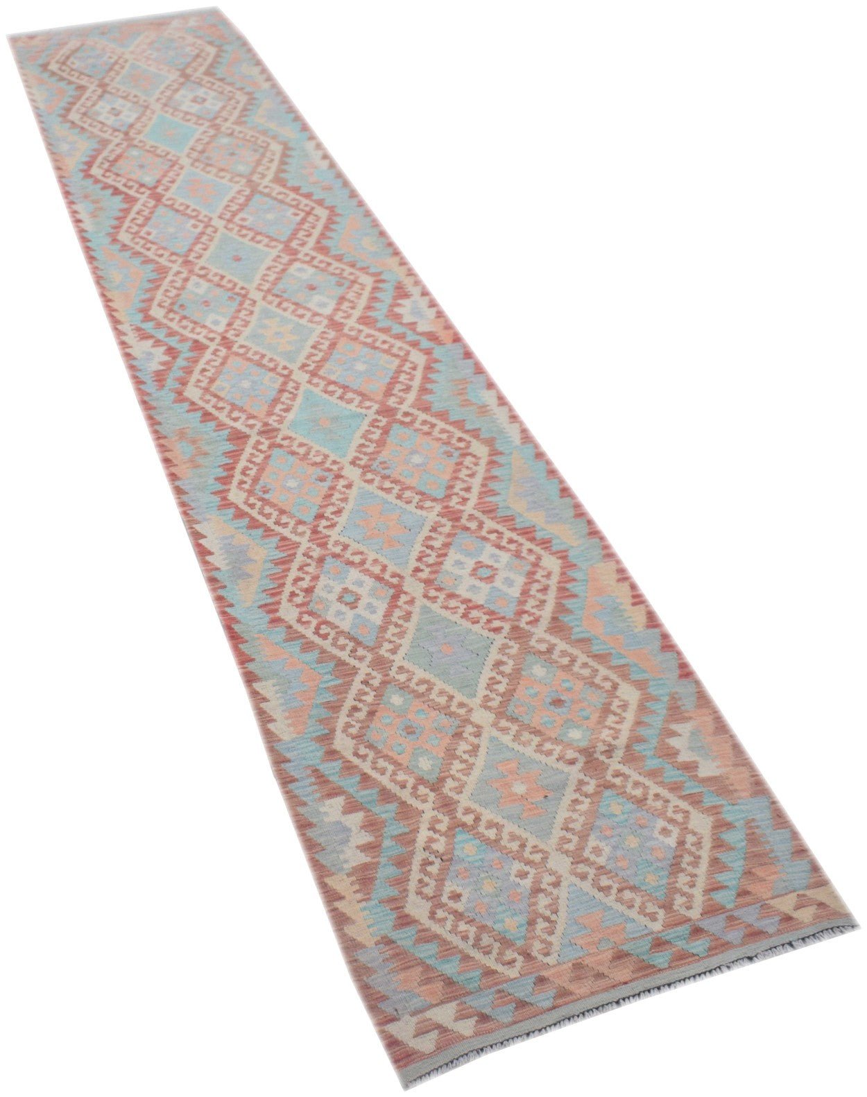 A handmade Afghan Maimana Kilim runner featuring a repeating geometric diamond pattern in soft tones.