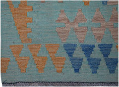 Handwoven Afghan Maimana kilim runner featuring geometric patterns in blue, orange, and beige.